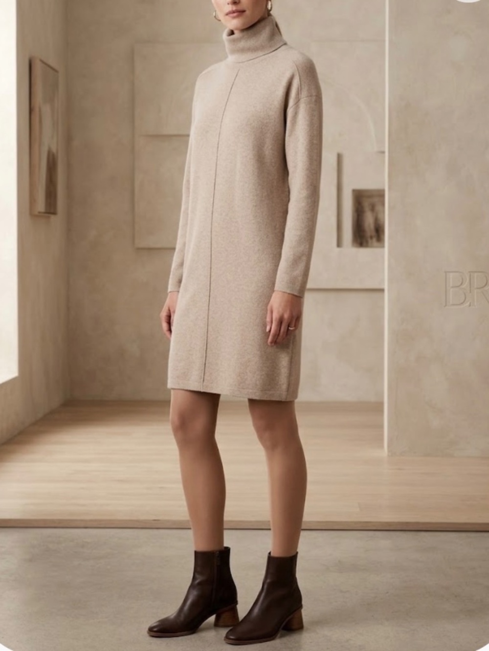 Banana Republic Sweater Dress Turtle Neck Light Camel Brown Long Sleeve Small